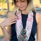Adjustable Ceramic Beaded Strand Necklace with Vintage Chichi Huipil Textile, pastel pink