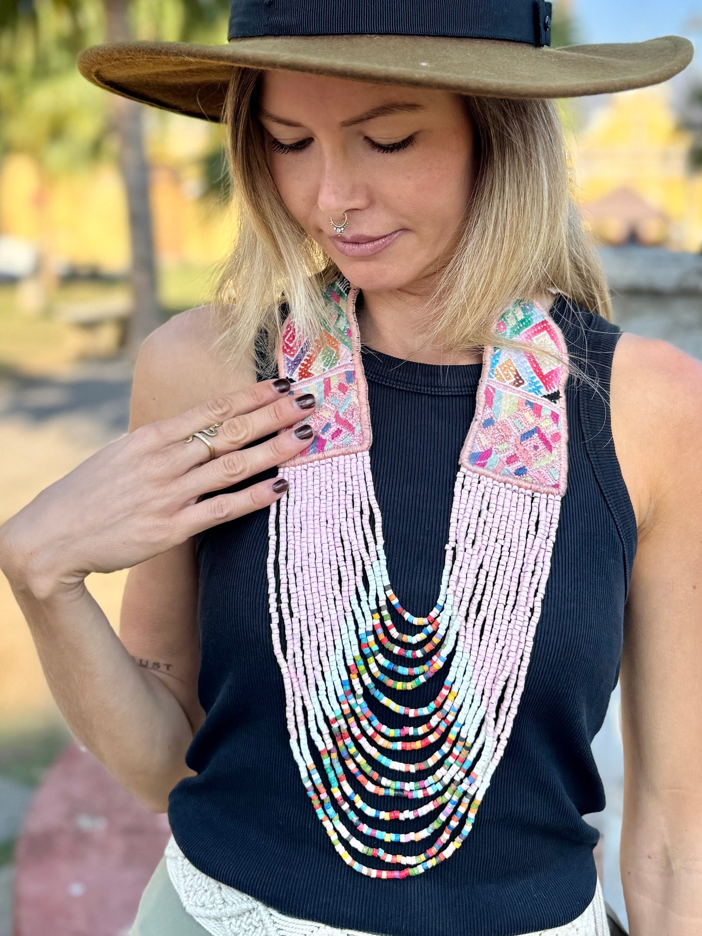 Adjustable Ceramic Beaded Strand Necklace with Vintage Chichi Huipil Textile, pastel pink