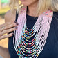 Adjustable Ceramic Beaded Strand Necklace with Vintage Chichi Huipil Textile, pastel pink