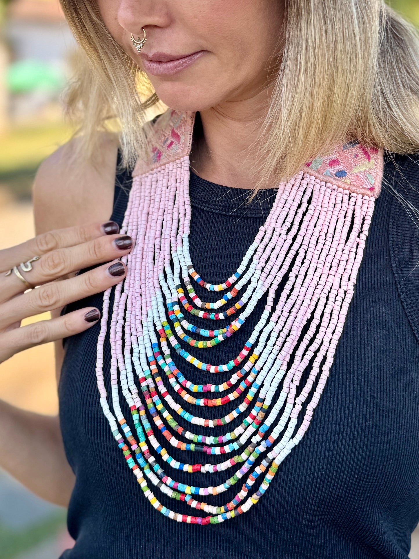 Adjustable Ceramic Beaded Strand Necklace with Vintage Chichi Huipil Textile, pastel pink