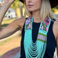 Adjustable Ceramic Beaded Strand Necklace with Patzún Floral Huipil Textile, turquoise/pink