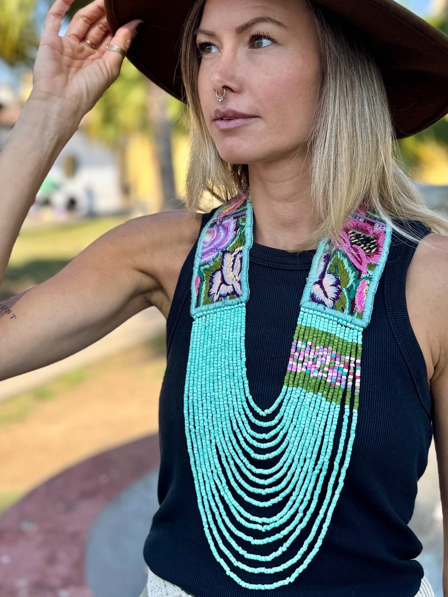 Adjustable Ceramic Beaded Strand Necklace with Patzún Floral Huipil Textile, turquoise/pink