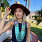 Adjustable Ceramic Beaded Strand Necklace with Patzún Floral Huipil Textile, turquoise/pink