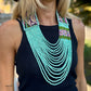 Adjustable Ceramic Beaded Strand Necklace with Patzún Floral Huipil Textile, turquoise/pink