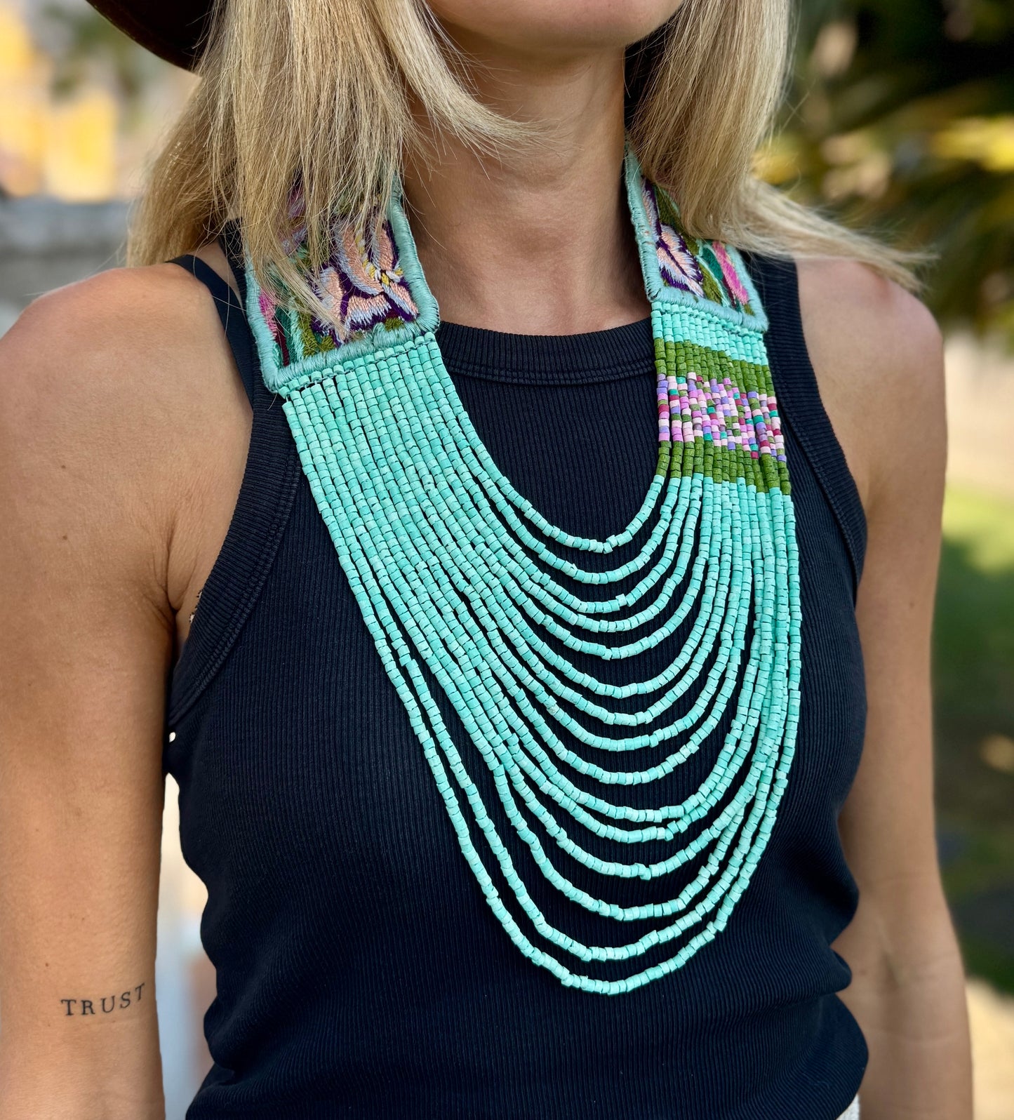 Adjustable Ceramic Beaded Strand Necklace with Patzún Floral Huipil Textile, turquoise/pink