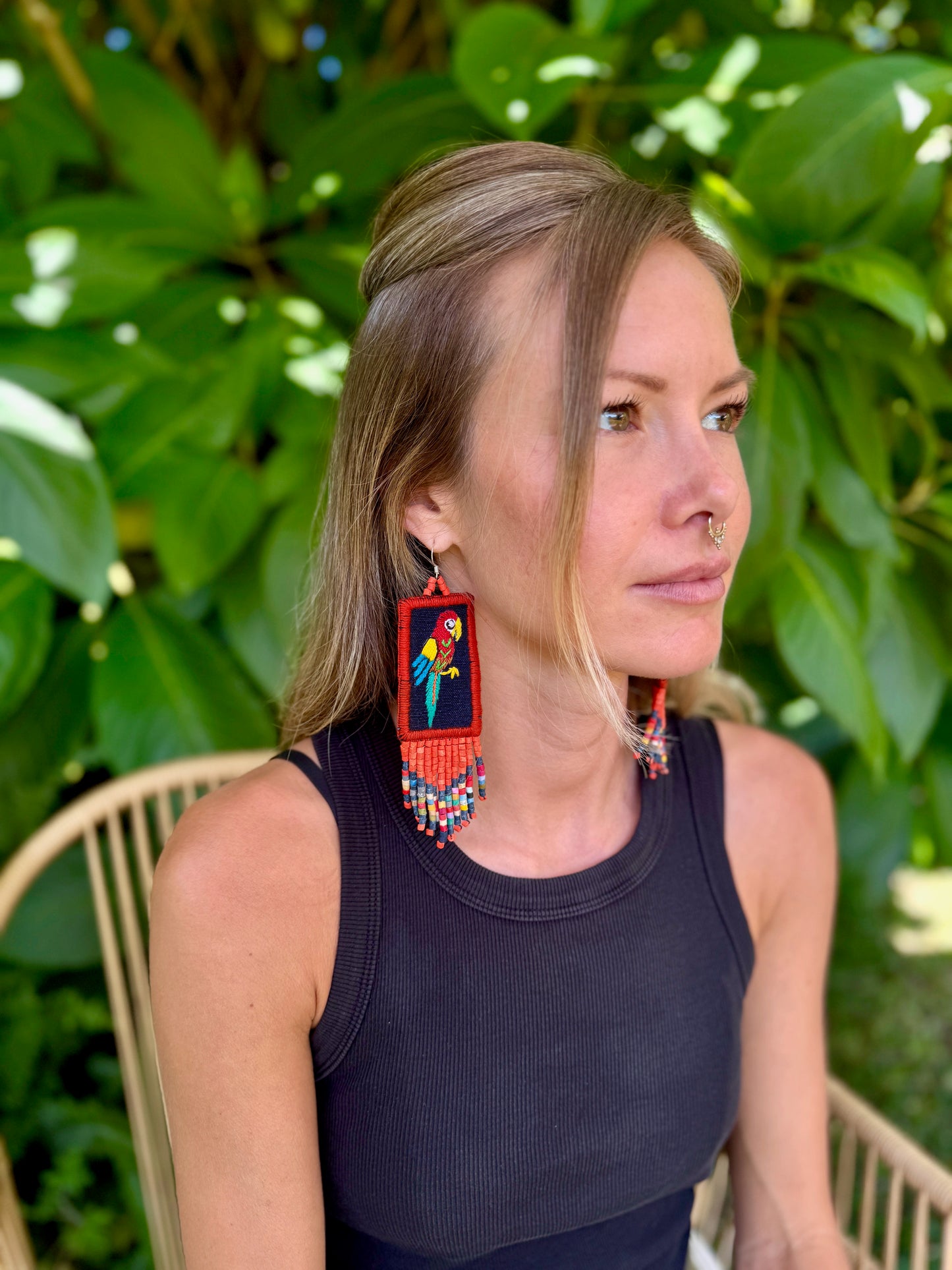 Handmade Guatemalan Embroidered Macaw Bird Earrings with Clay Bead Fringes and Silver Hooks, orange multicolor