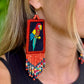 Handmade Guatemalan Embroidered Macaw Bird Earrings with Clay Bead Fringes and Silver Hooks, orange multicolor