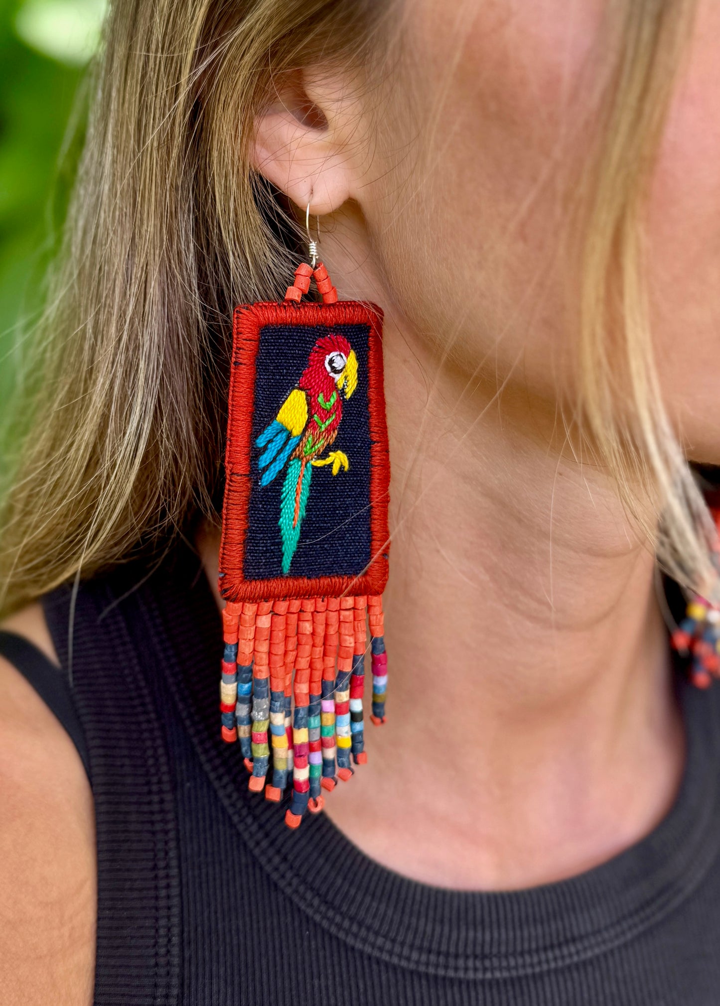 Handmade Guatemalan Embroidered Macaw Bird Earrings with Clay Bead Fringes and Silver Hooks, orange multicolor