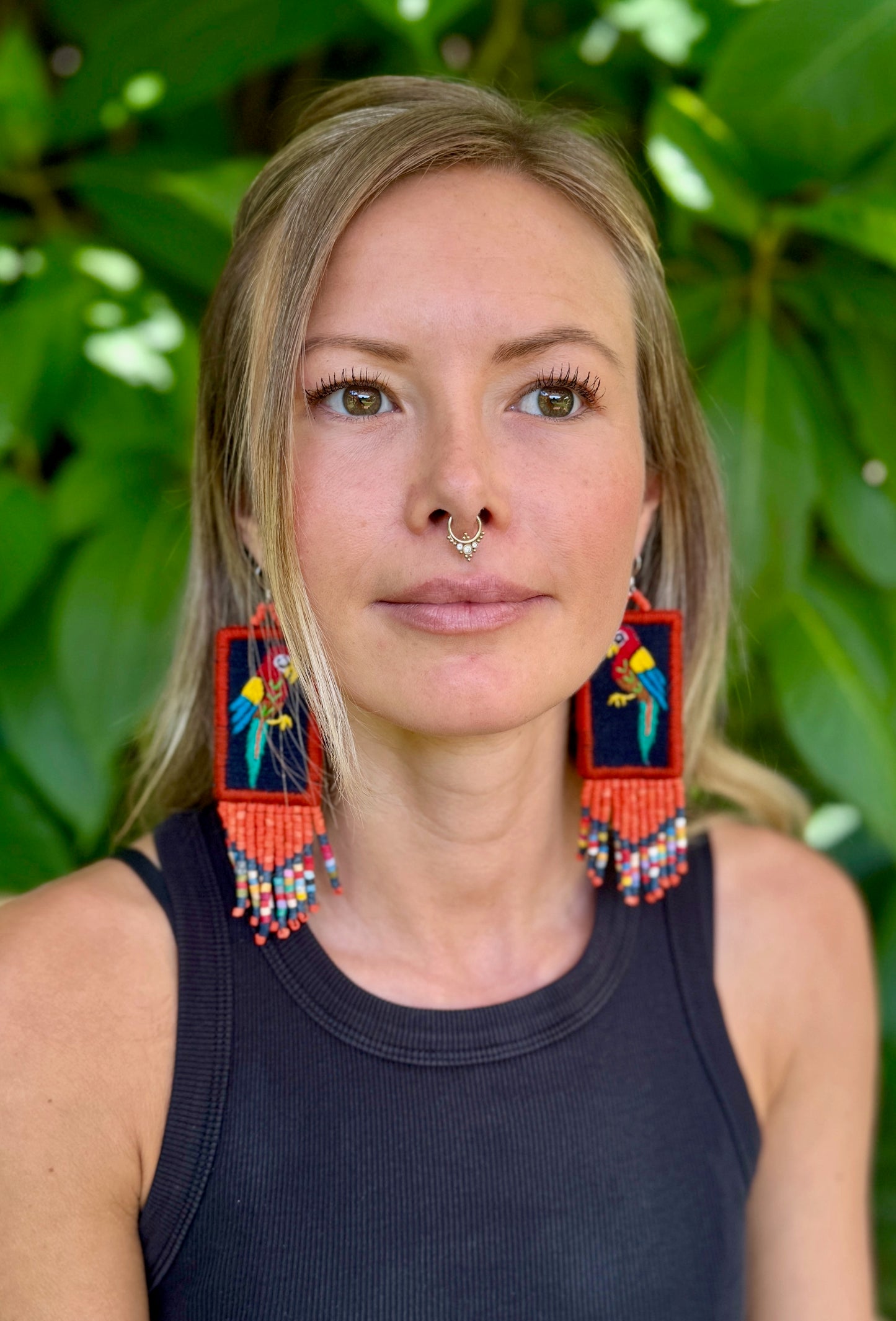 Handmade Guatemalan Embroidered Macaw Bird Earrings with Clay Bead Fringes and Silver Hooks, orange multicolor