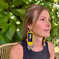 Handmade Guatemalan Embroidered Guacamaya Bird Earrings with Clay Bead Fringes and Silver Hooks, yellow multicolor