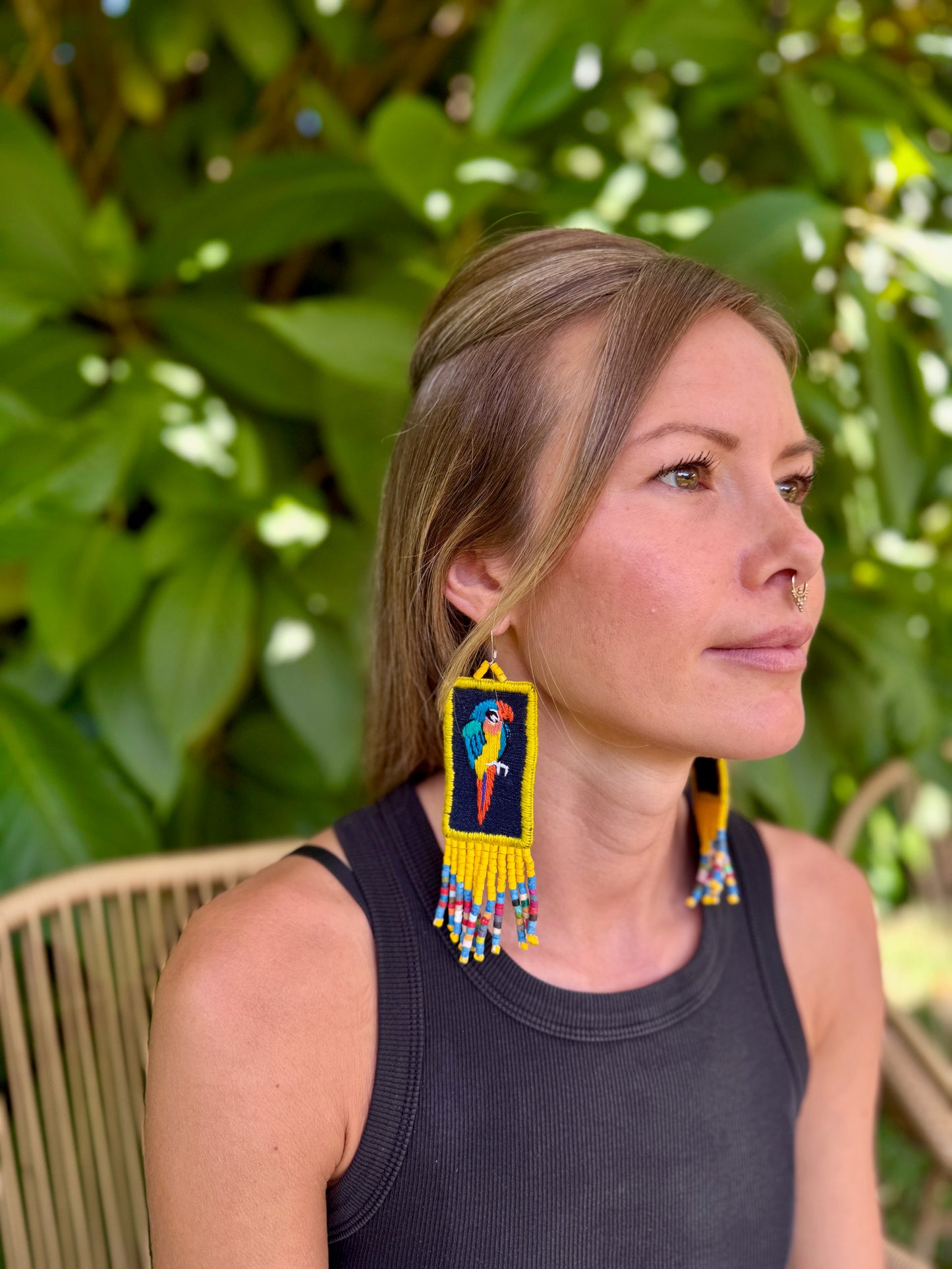 Handmade Guatemalan Embroidered Guacamaya Bird Earrings with Clay Bead Fringes and Silver Hooks, yellow multicolor