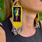 Handmade Guatemalan Embroidered Guacamaya Bird Earrings with Clay Bead Fringes and Silver Hooks, yellow multicolor