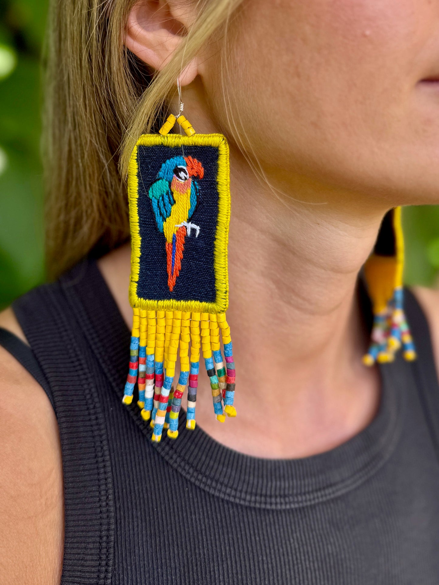 Handmade Guatemalan Embroidered Guacamaya Bird Earrings with Clay Bead Fringes and Silver Hooks, yellow multicolor