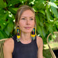 Handmade Guatemalan Embroidered Guacamaya Bird Earrings with Clay Bead Fringes and Silver Hooks, yellow multicolor
