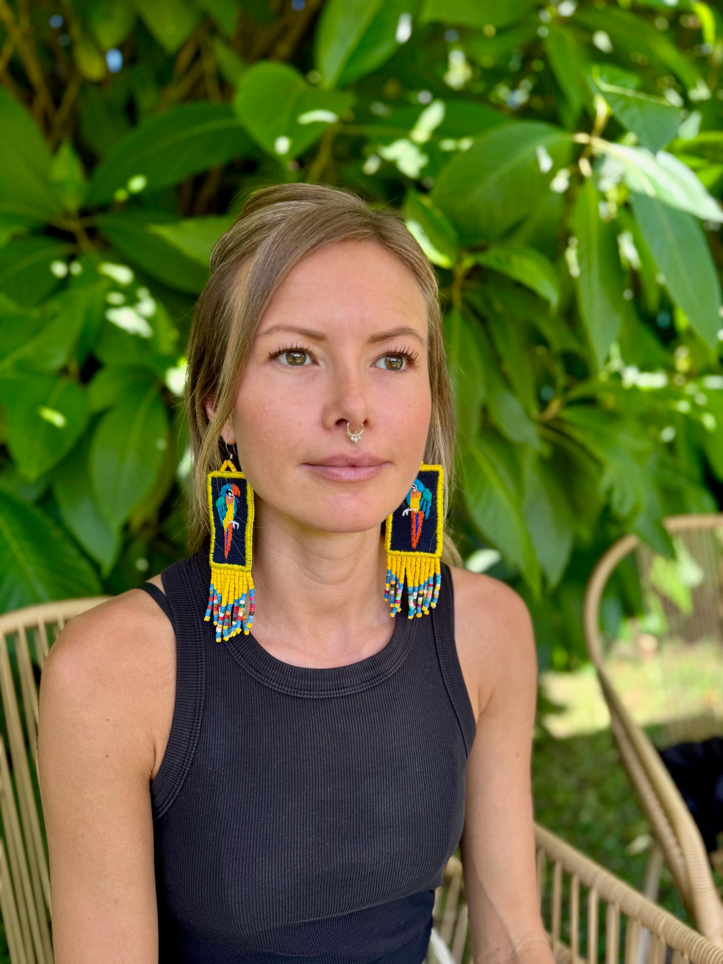 Handmade Guatemalan Embroidered Guacamaya Bird Earrings with Clay Bead Fringes and Silver Hooks, yellow multicolor