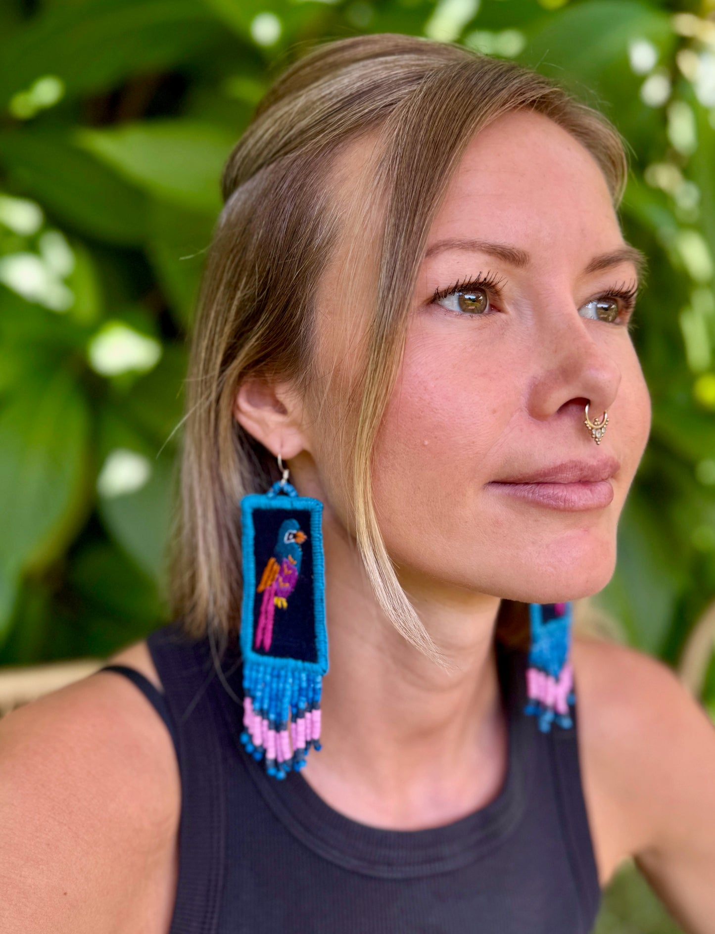 Handmade Guatemalan Embroidered Quetzal Bird Inspired Earrings with Clay Bead Fringes and Silver Hooks, celeste