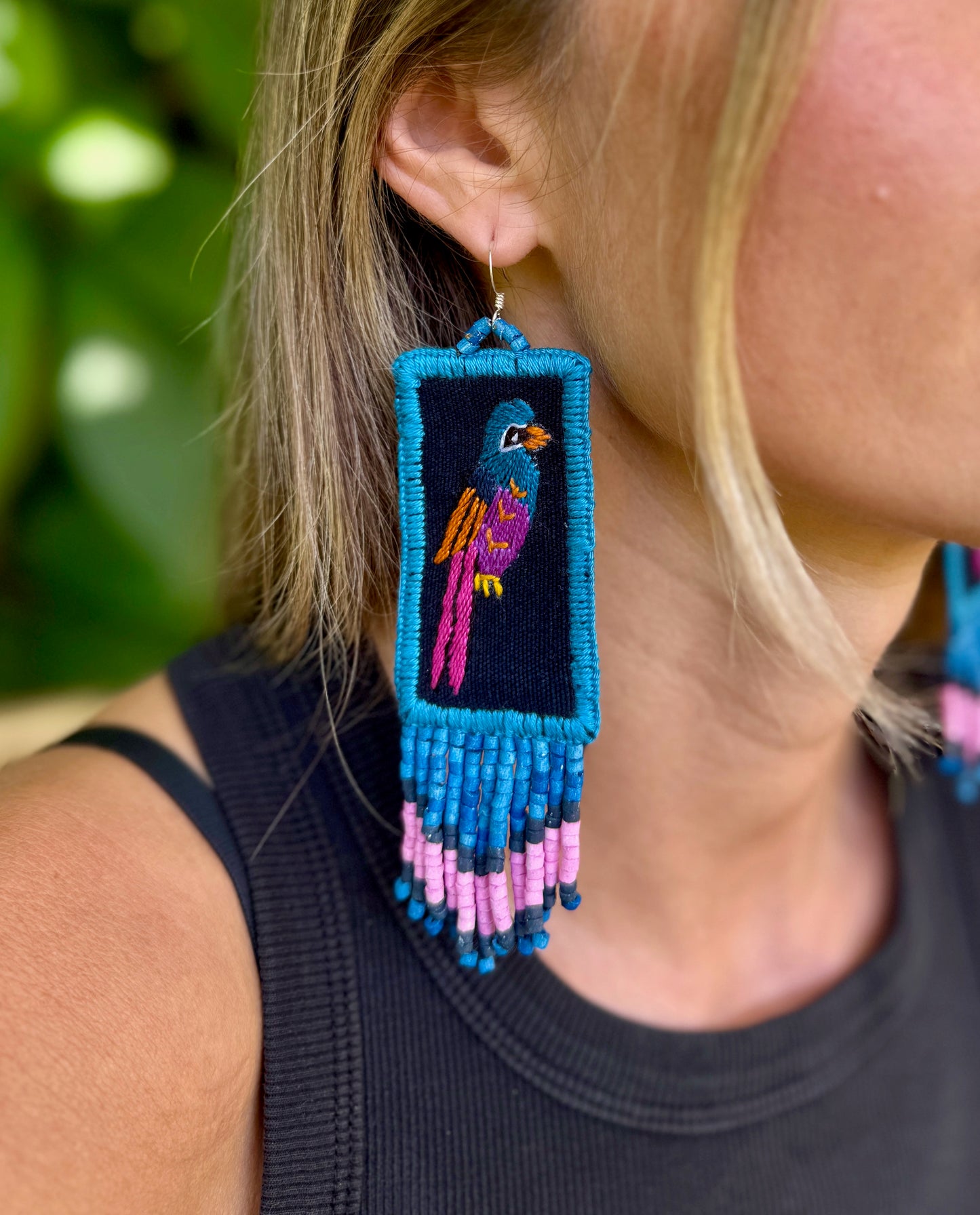 Handmade Guatemalan Embroidered Quetzal Bird Inspired Earrings with Clay Bead Fringes and Silver Hooks, celeste