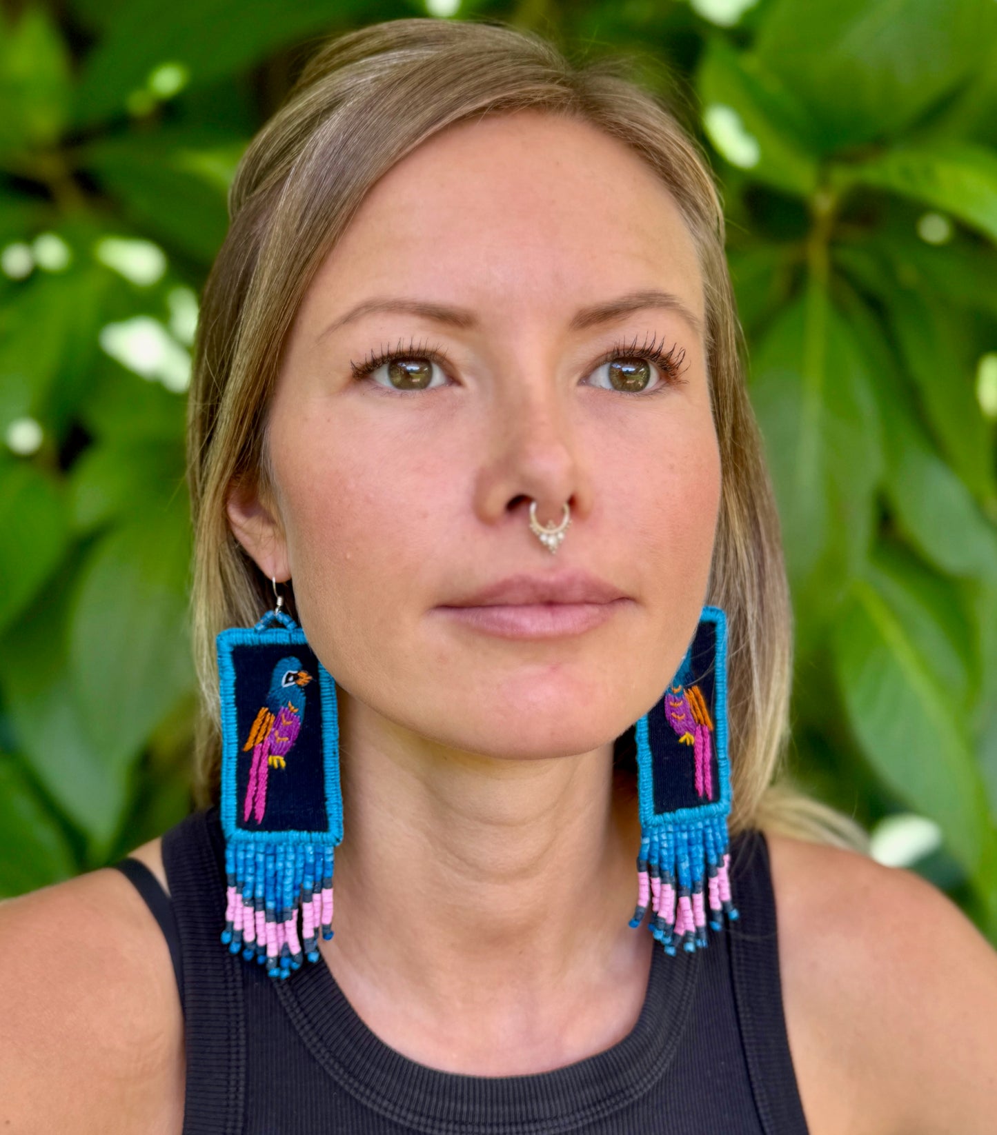 Handmade Guatemalan Embroidered Quetzal Bird Inspired Earrings with Clay Bead Fringes and Silver Hooks, celeste