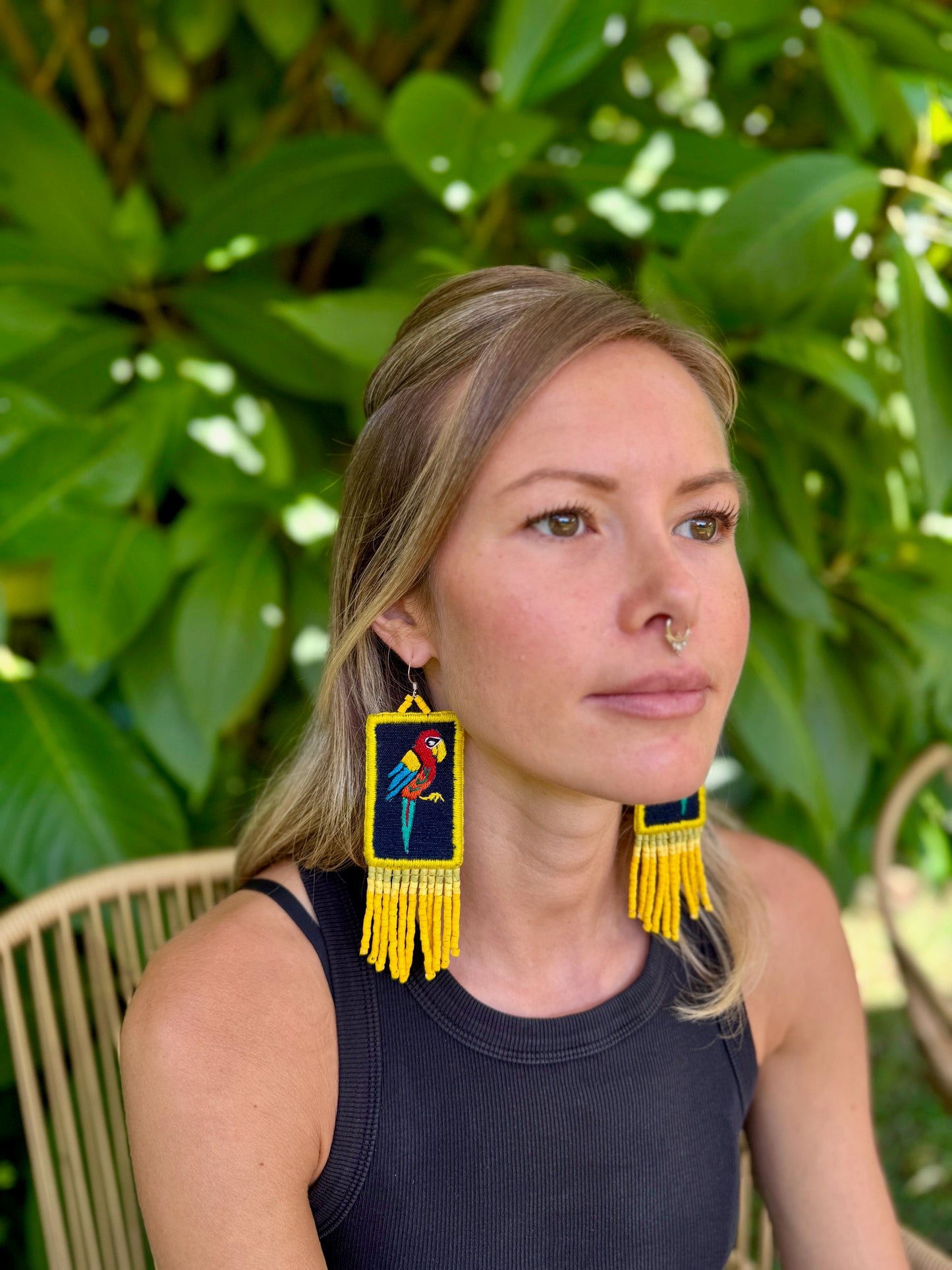 Handmade Guatemalan Embroidered Guacamaya Bird Inspired Earrings with Clay Bead Fringes and Silver Hooks, yellow