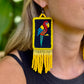 Handmade Guatemalan Embroidered Guacamaya Bird Inspired Earrings with Clay Bead Fringes and Silver Hooks, yellow
