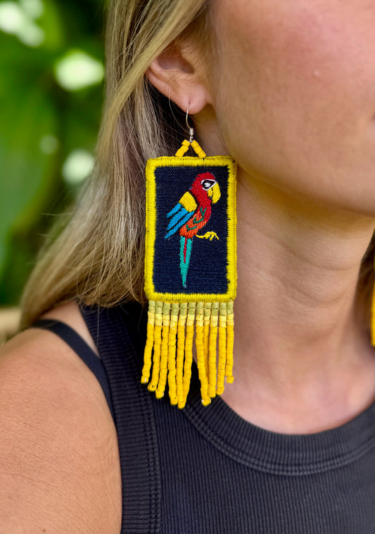 Handmade Guatemalan Embroidered Guacamaya Bird Inspired Earrings with Clay Bead Fringes and Silver Hooks, yellow