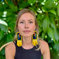 Handmade Guatemalan Embroidered Guacamaya Bird Inspired Earrings with Clay Bead Fringes and Silver Hooks, yellow