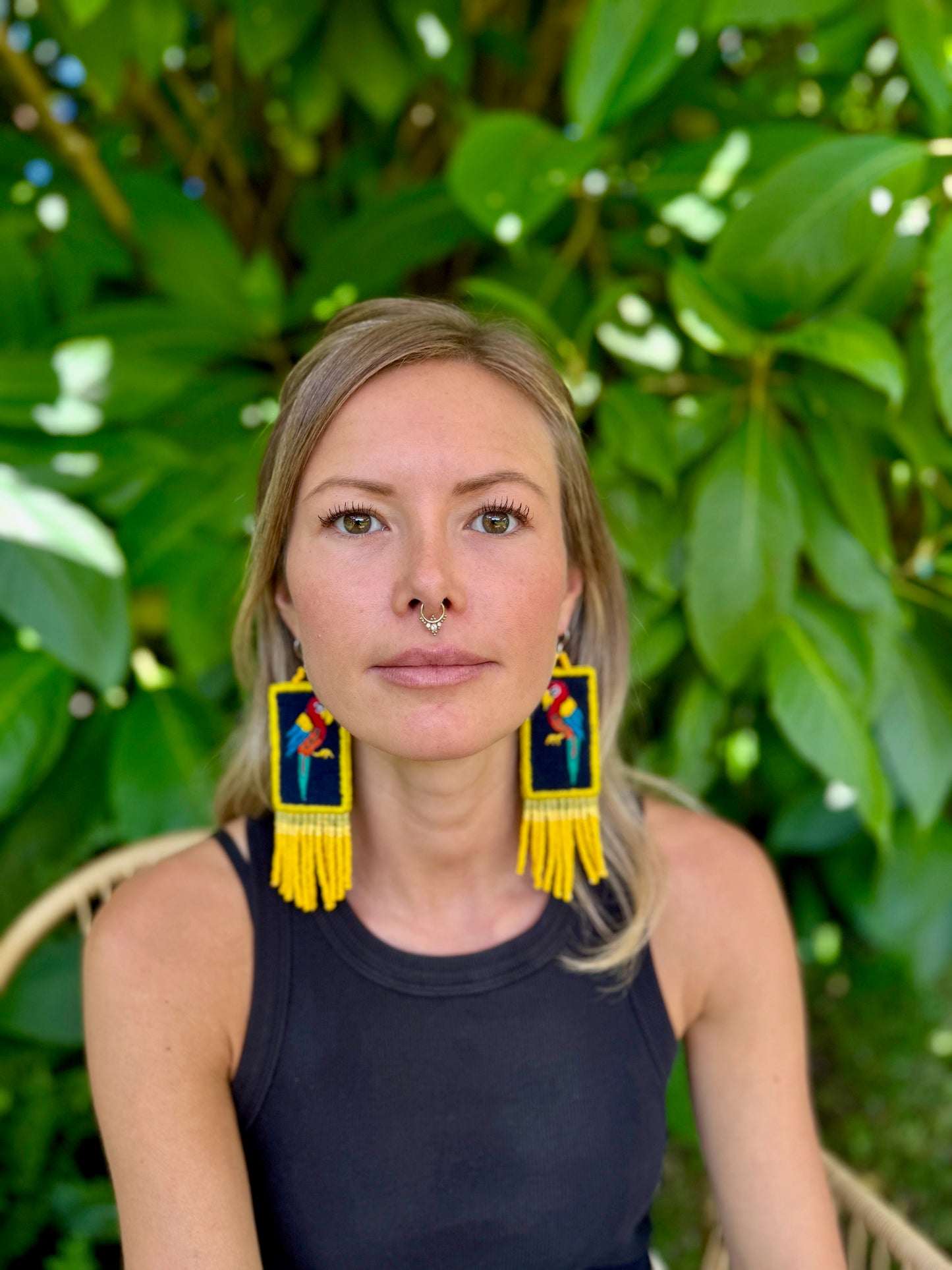 Handmade Guatemalan Embroidered Guacamaya Bird Inspired Earrings with Clay Bead Fringes and Silver Hooks, yellow