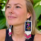 Handmade Guatemalan Embroidered Tropical Bird Earrings with Clay Bead Fringes and Silver Hooks, white pink