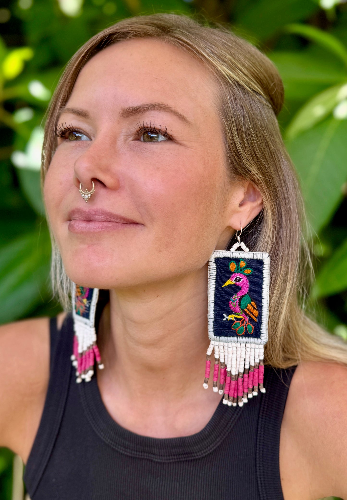 Handmade Guatemalan Embroidered Tropical Bird Earrings with Clay Bead Fringes and Silver Hooks, white pink