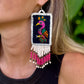 Handmade Guatemalan Embroidered Tropical Bird Earrings with Clay Bead Fringes and Silver Hooks, white pink