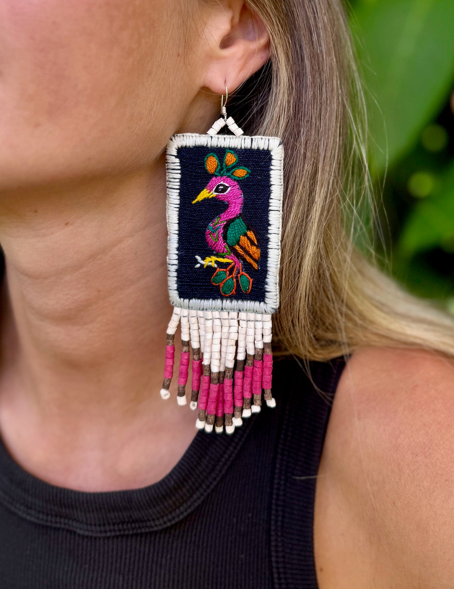 Handmade Guatemalan Embroidered Tropical Bird Earrings with Clay Bead Fringes and Silver Hooks, white pink