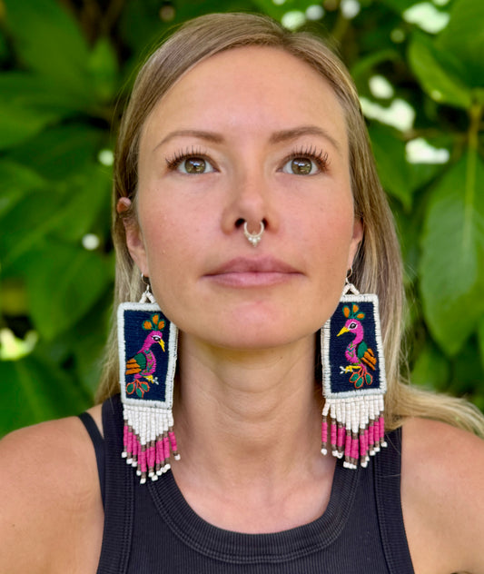 Handmade Guatemalan Embroidered Tropical Bird Earrings with Clay Bead Fringes and Silver Hooks, white pink