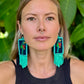 Handmade Guatemalan Embroidered Quetzal Earrings with Clay Bead Fringes and Silver Hooks, turquoise