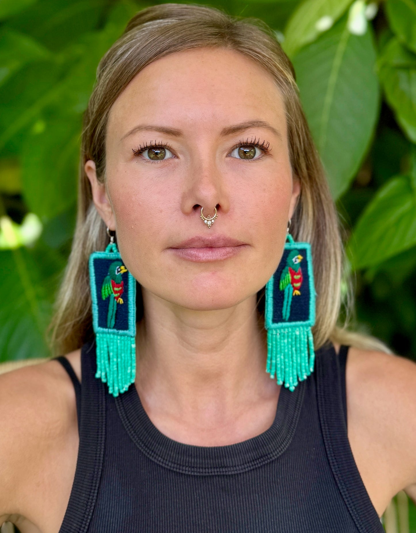 Handmade Guatemalan Embroidered Quetzal Earrings with Clay Bead Fringes and Silver Hooks, turquoise