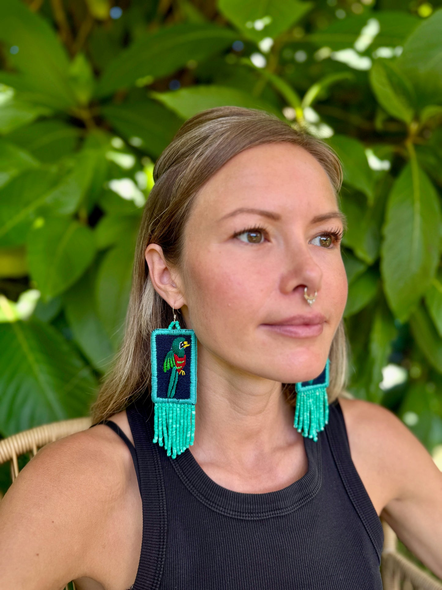 Handmade Guatemalan Embroidered Quetzal Earrings with Clay Bead Fringes and Silver Hooks, turquoise