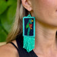 Handmade Guatemalan Embroidered Quetzal Earrings with Clay Bead Fringes and Silver Hooks, turquoise