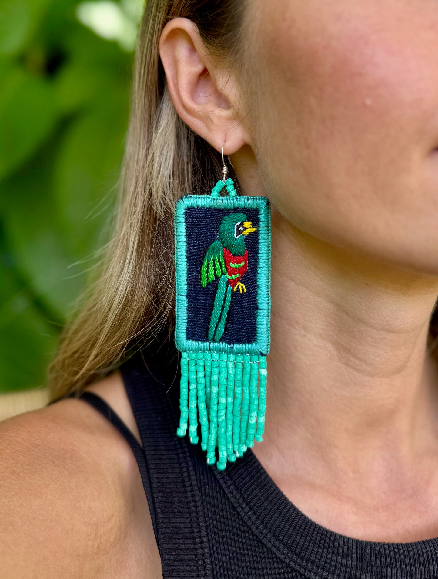 Handmade Guatemalan Embroidered Quetzal Earrings with Clay Bead Fringes and Silver Hooks, turquoise