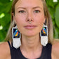 Handmade Guatemalan Embroidered Blue Bird Earrings with Clay Bead Fringes and Silver Hooks, white