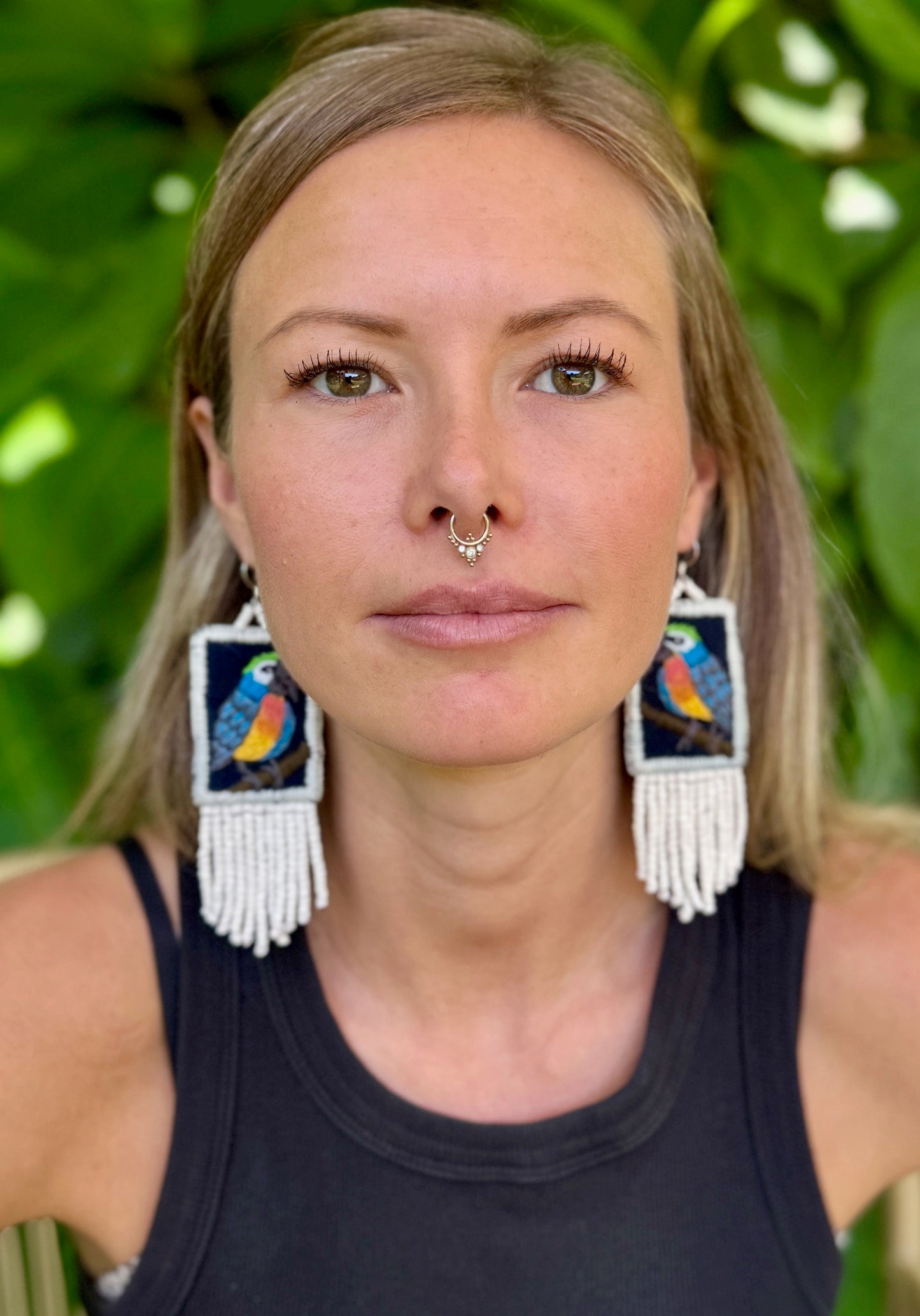 Handmade Guatemalan Embroidered Blue Bird Earrings with Clay Bead Fringes and Silver Hooks, white