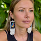 Handmade Guatemalan Embroidered Blue Bird Earrings with Clay Bead Fringes and Silver Hooks, white
