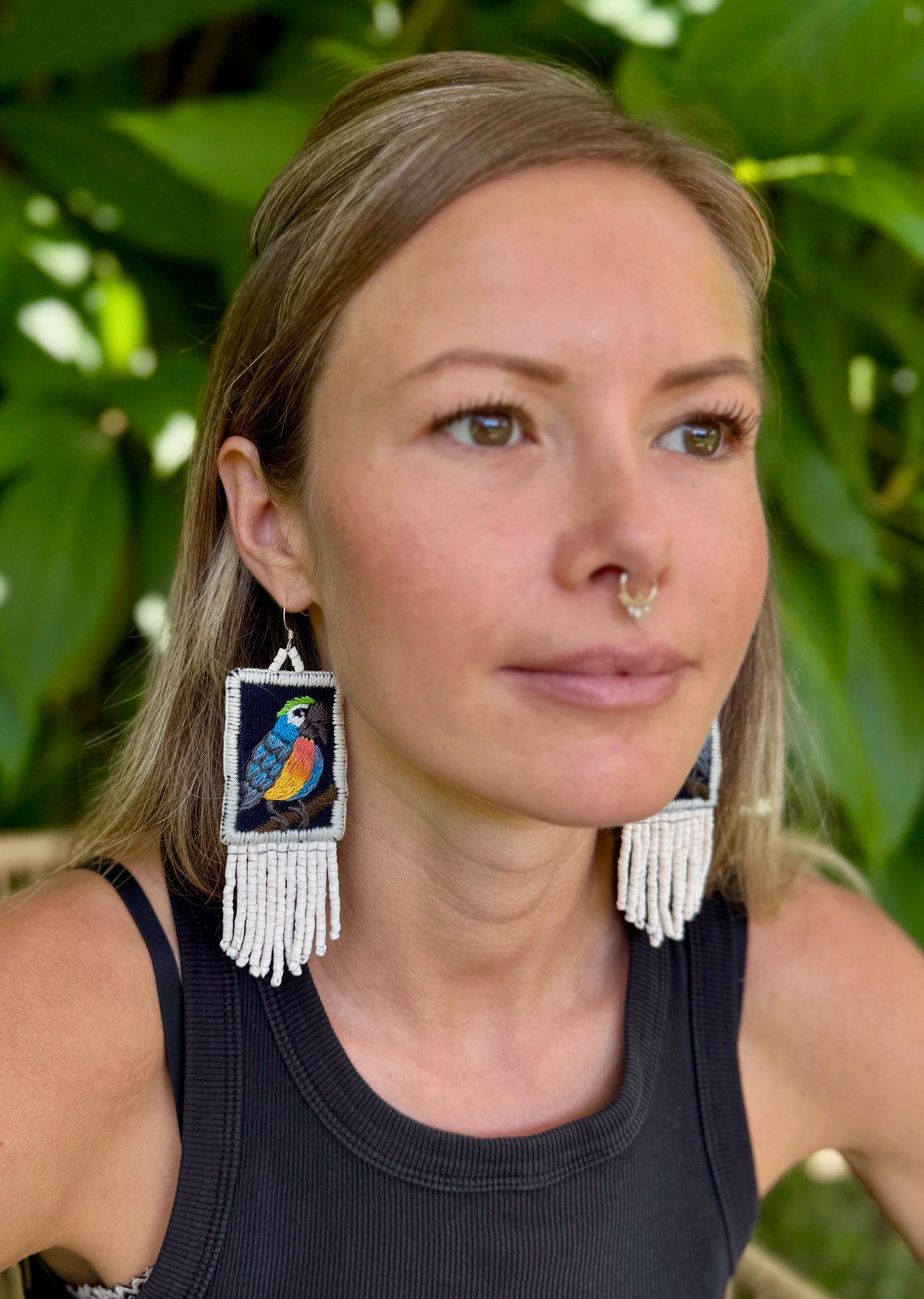 Handmade Guatemalan Embroidered Blue Bird Earrings with Clay Bead Fringes and Silver Hooks, white