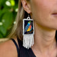 Handmade Guatemalan Embroidered Blue Bird Earrings with Clay Bead Fringes and Silver Hooks, white