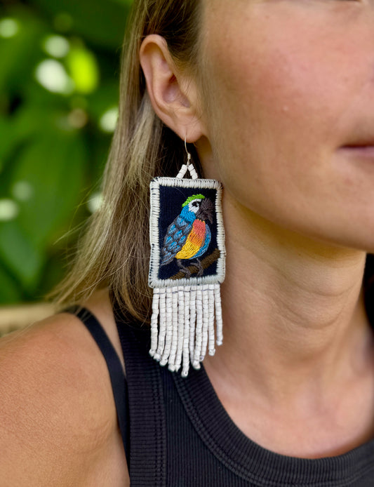 Handmade Guatemalan Embroidered Blue Bird Earrings with Clay Bead Fringes and Silver Hooks, white