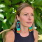Handmade Guatemalan Embroidered Macaw Bird Earrings with Clay Bead Fringes and Silver Hooks, turquoise orange