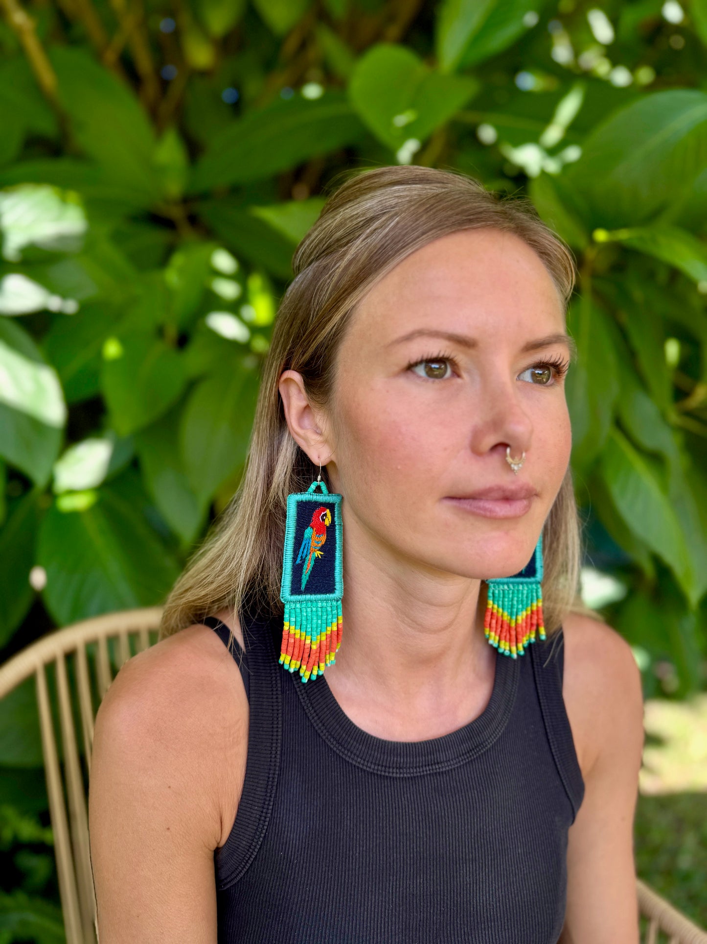 Handmade Guatemalan Embroidered Macaw Bird Earrings with Clay Bead Fringes and Silver Hooks, turquoise orange