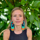 Handmade Guatemalan Embroidered Macaw Bird Earrings with Clay Bead Fringes and Silver Hooks, turquoise orange