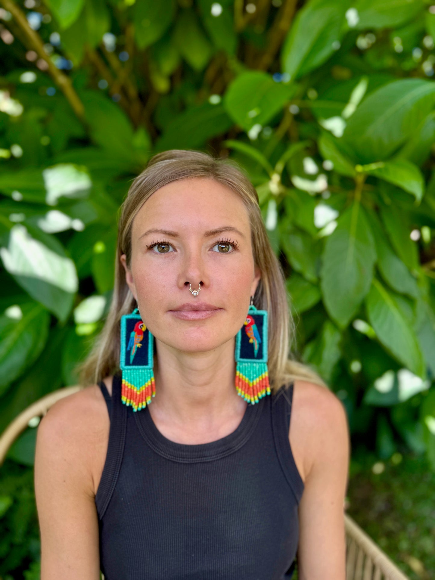 Handmade Guatemalan Embroidered Macaw Bird Earrings with Clay Bead Fringes and Silver Hooks, turquoise orange