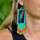 Handmade Guatemalan Embroidered Macaw Bird Earrings with Clay Bead Fringes and Silver Hooks, turquoise orange