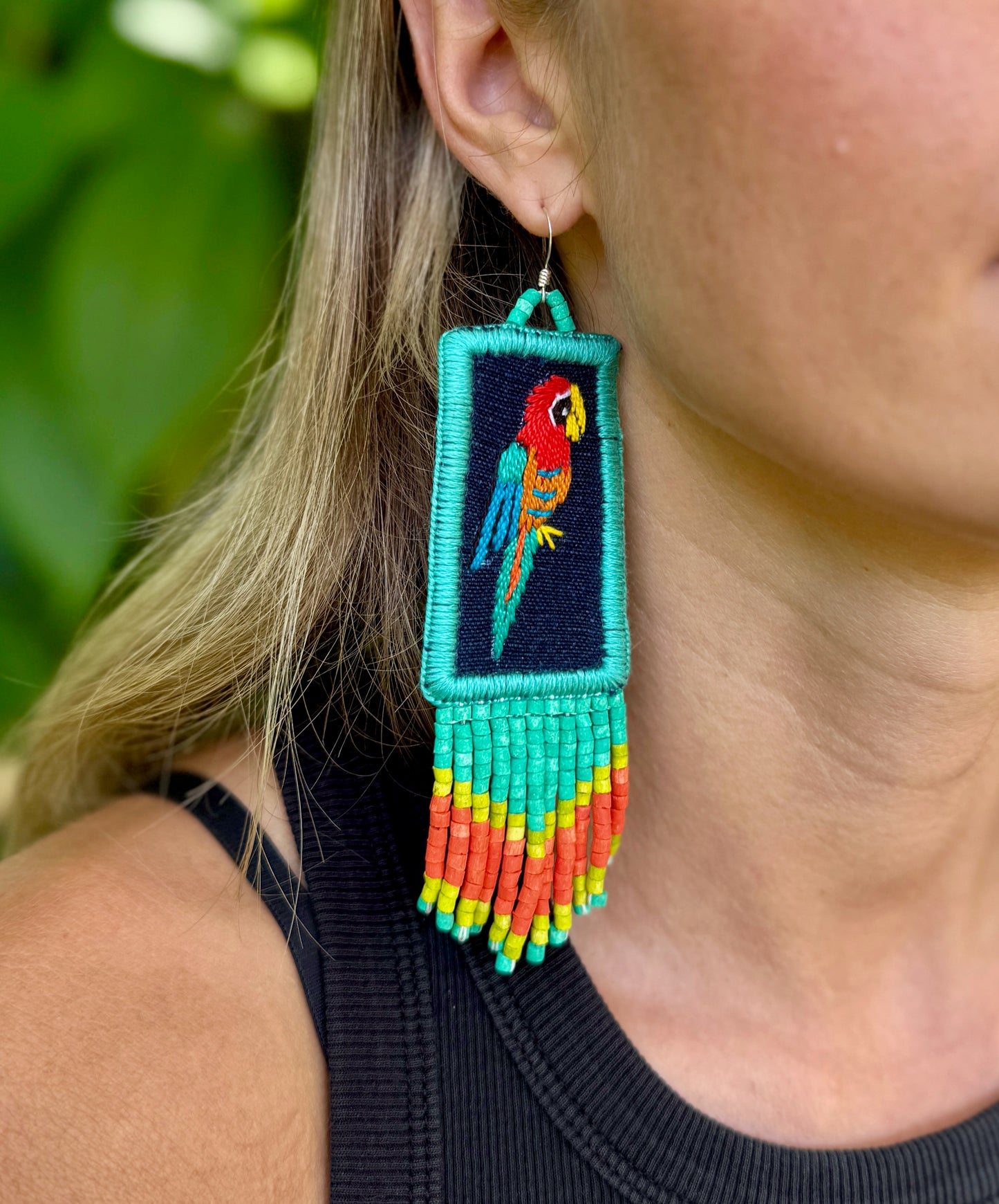 Handmade Guatemalan Embroidered Macaw Bird Earrings with Clay Bead Fringes and Silver Hooks, turquoise orange
