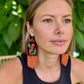 Handmade Guatemalan Embroidered Oriole Inspired Bird Earrings with Clay Bead Fringes and Silver Hooks, orange